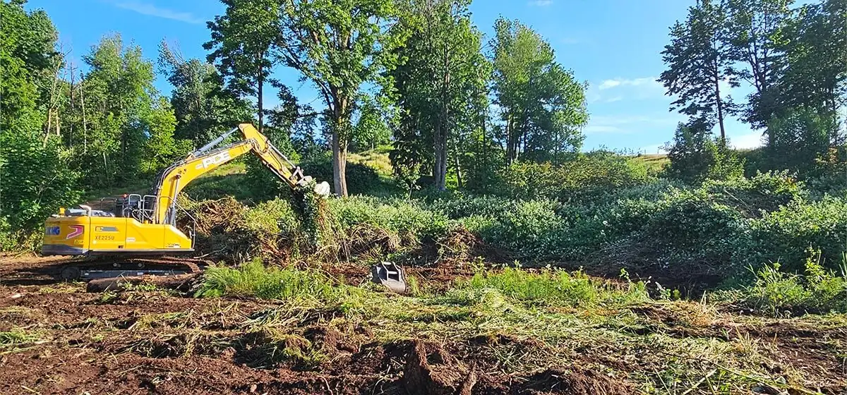 Land clearing in progress with an excavator
