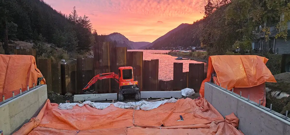 Sunset over the lake with the protected work area below