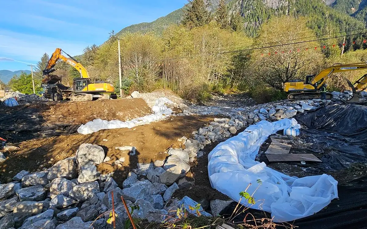 Rock and geotextile placed at the creek crossing