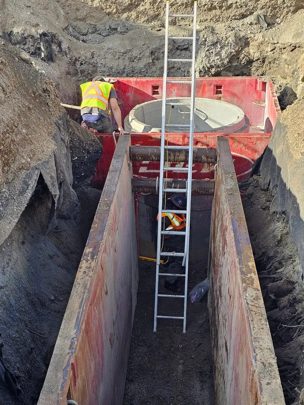 Deep trench in shoring boxes with ladder access